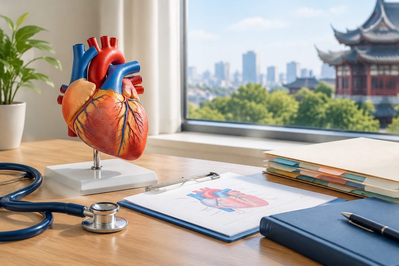 Illustrative image: A detailed anatomical model of a human heart is displayed on a desk with medical documents and a stethoscope, overlooking a city skyline.