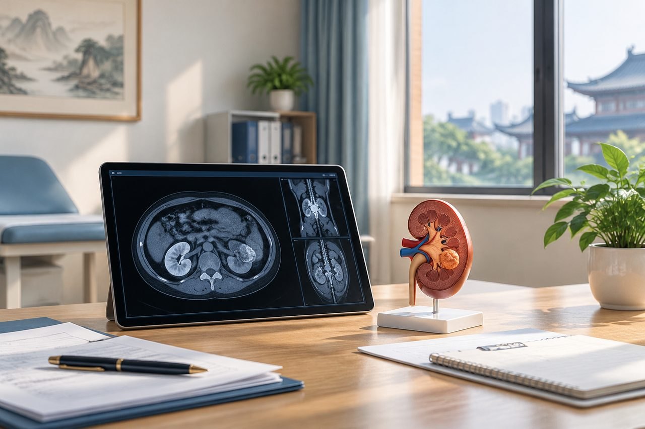 Illustrative image: A medical consultation room featuring a tablet displaying kidney imaging and an anatomical kidney model on the table.