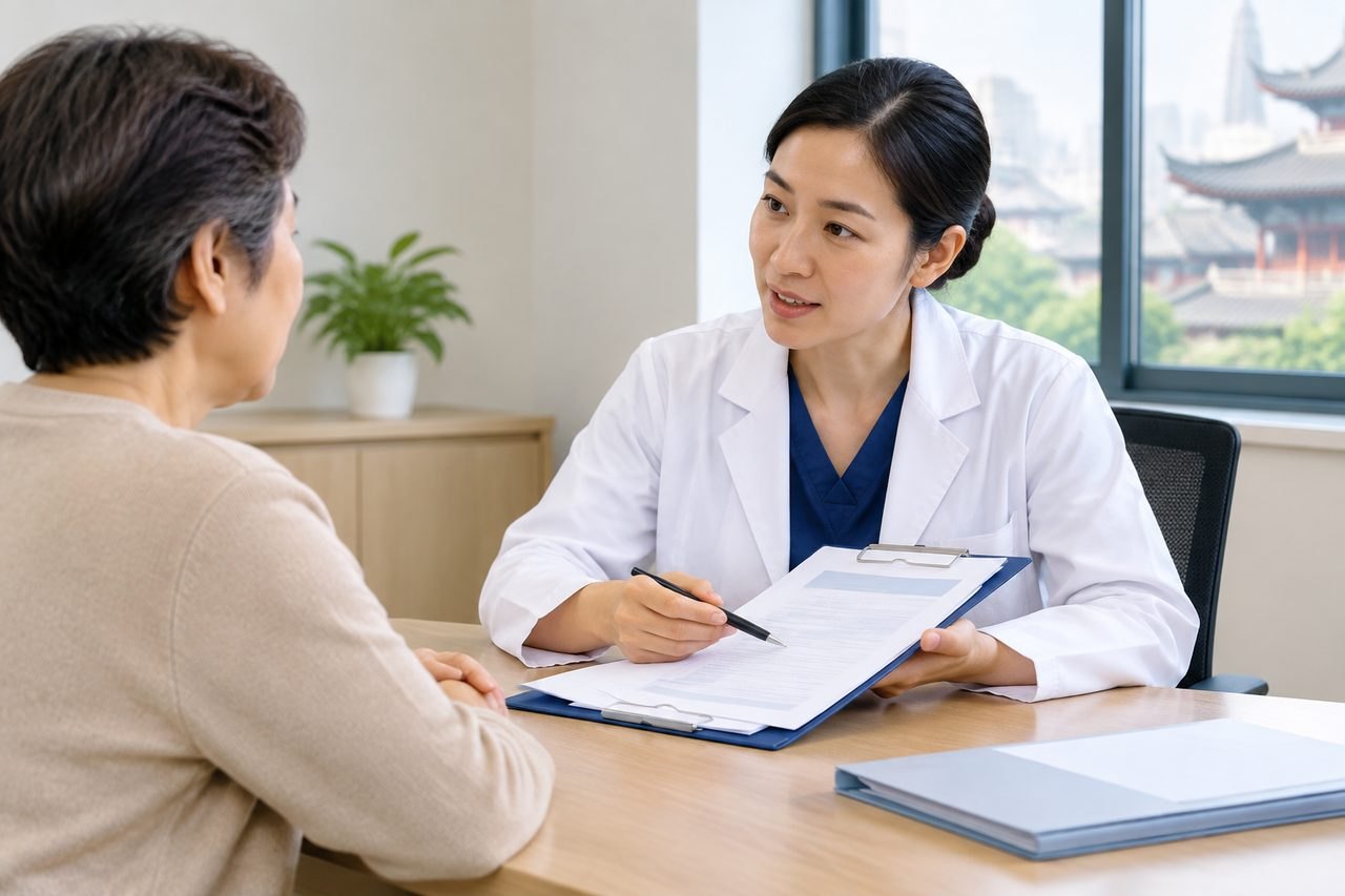 AI illustration: A doctor discusses medical information with a patient in a consultation room.