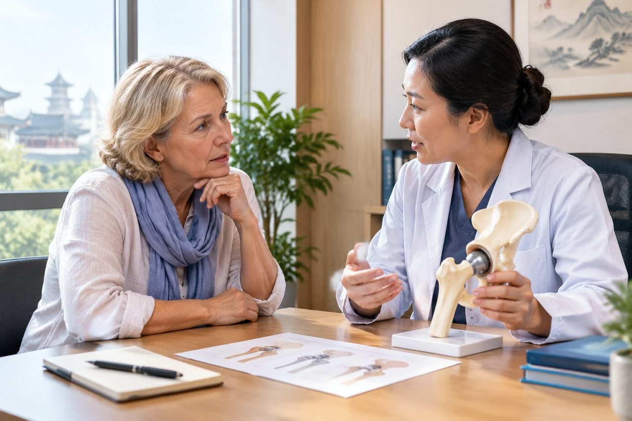 Illustrative image: A doctor discusses a hip joint model with a patient during a consultation.
