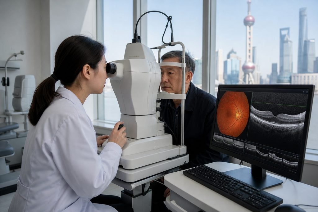 Illustrative image: An eye examination is being conducted using a specialized device in a modern clinic with a city skyline view.