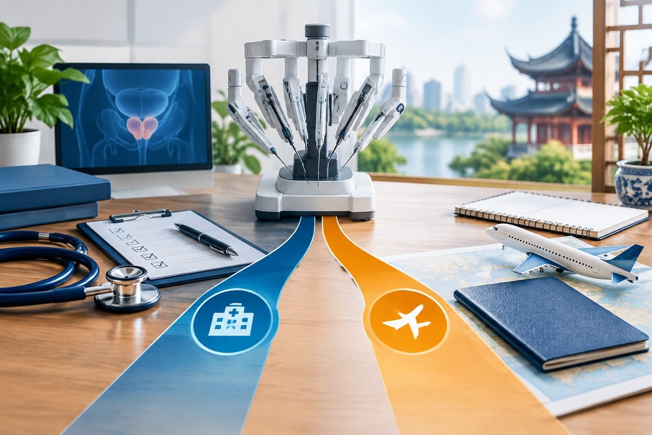 Illustrative image: A medical workspace featuring robotic surgical equipment, a stethoscope, and travel-related items, symbolizing medical travel.