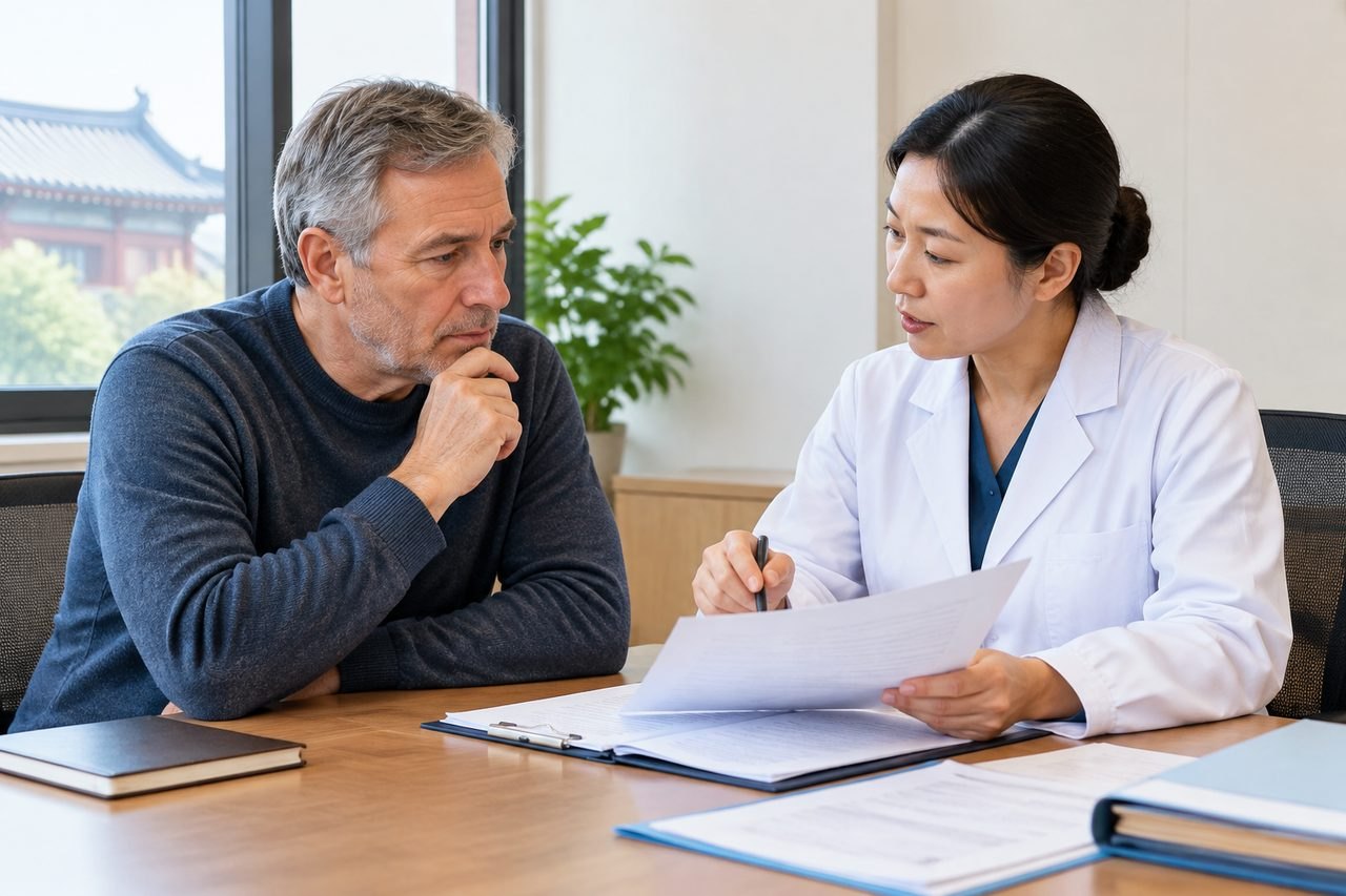 AI illustration: A doctor discusses medical documents with a patient during a consultation.