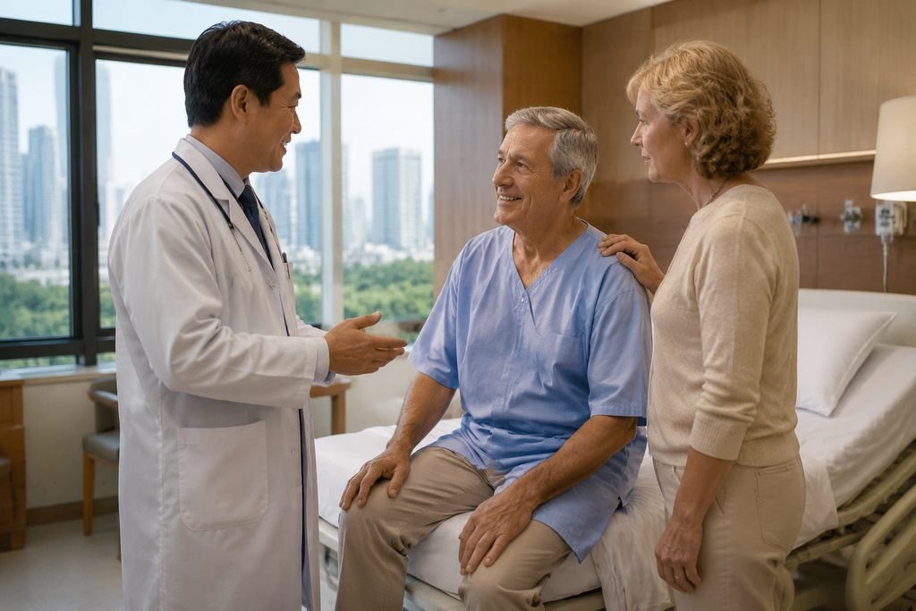 Illustrative image: A doctor discusses with a patient and a visitor in a hospital room with a city skyline view.