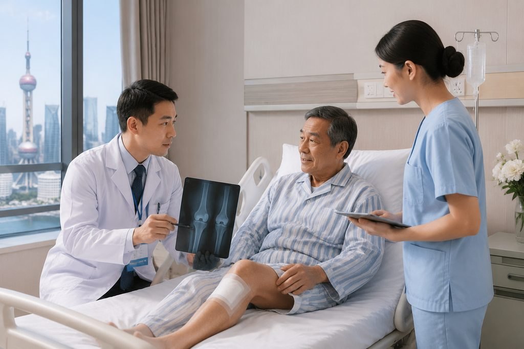 Illustrative image: A doctor discusses an X-ray with a patient in a hospital room while a nurse assists.