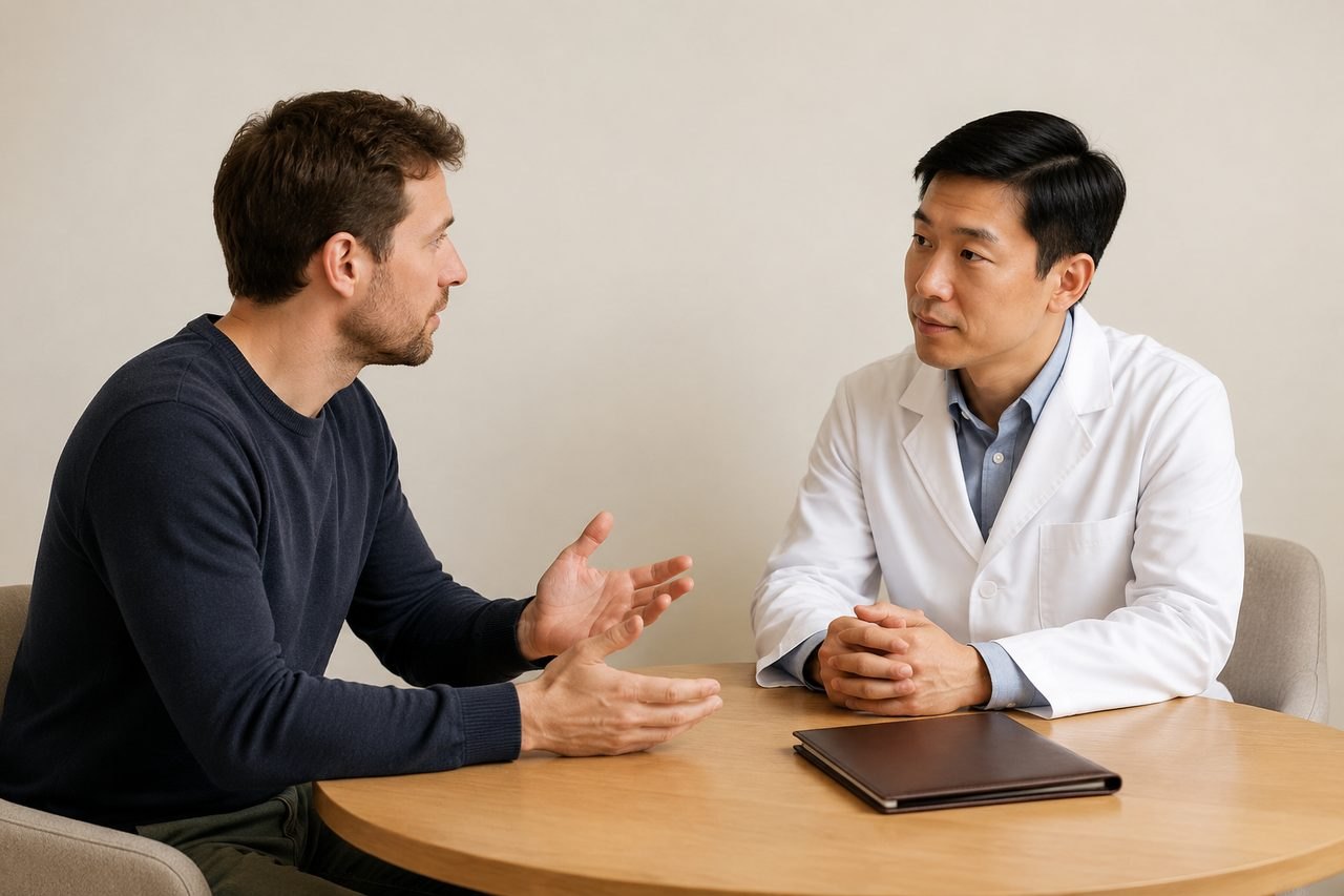 AI illustration: A doctor and patient engage in a consultation at a table.