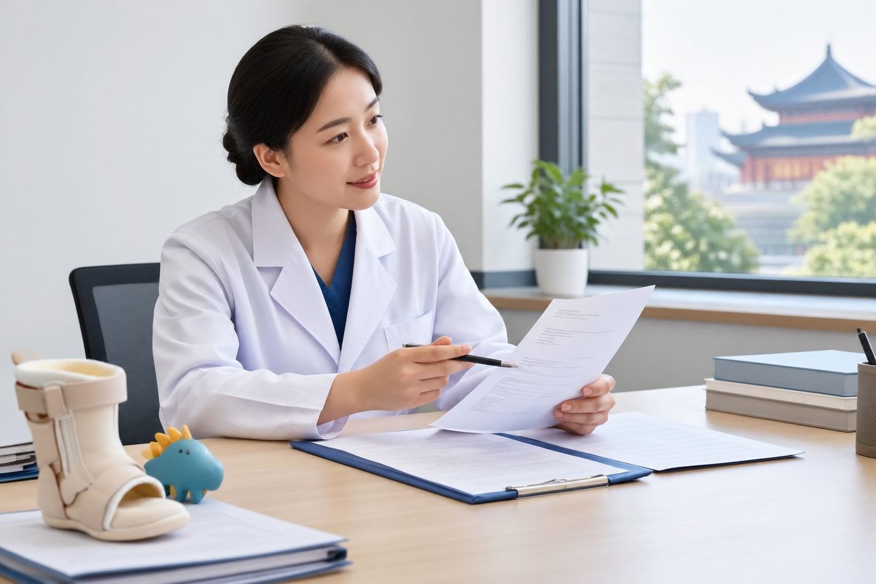 AI illustration: A medical professional reviews documents in a consultation room with a foot brace and a toy dinosaur on the table.