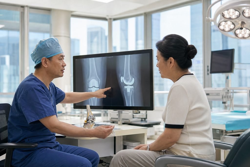 Illustrative image: A doctor discusses knee X-ray results with a patient in a clinical setting.