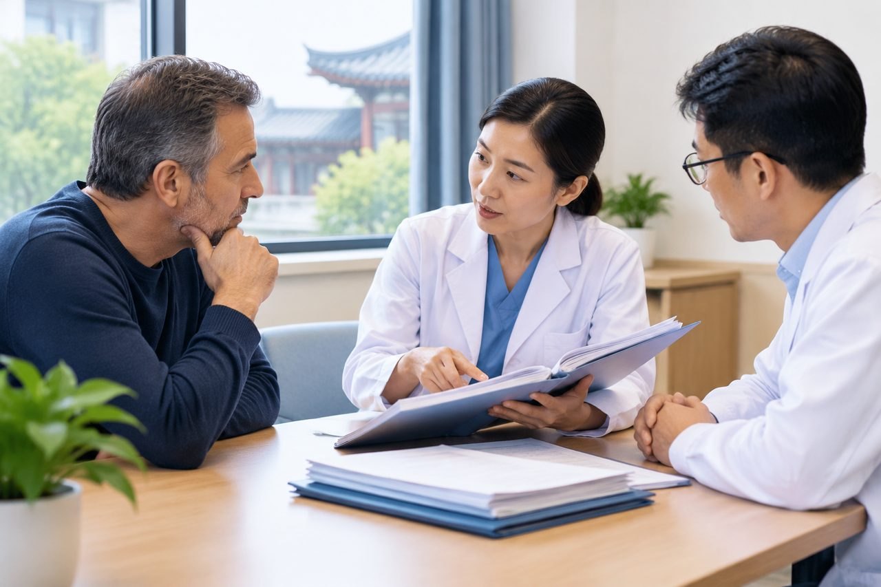 AI illustration: A doctor discusses medical information with a patient and another medical professional in a consultation room.