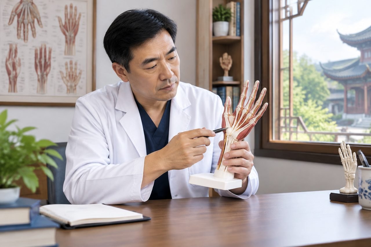 Illustrative image: A medical professional demonstrates anatomy using a hand model in a consultation room.