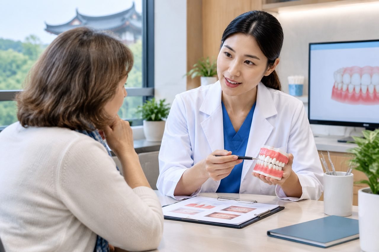 Illustrative image: A dental consultation where a dentist explains dental health using a model of teeth.