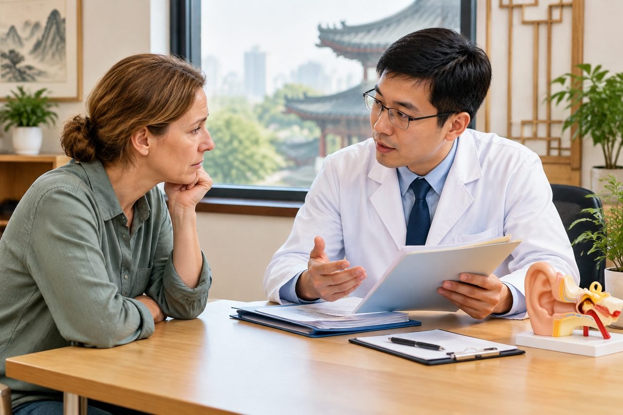 Illustrative image: A doctor discusses medical information with a patient in a consultation room.