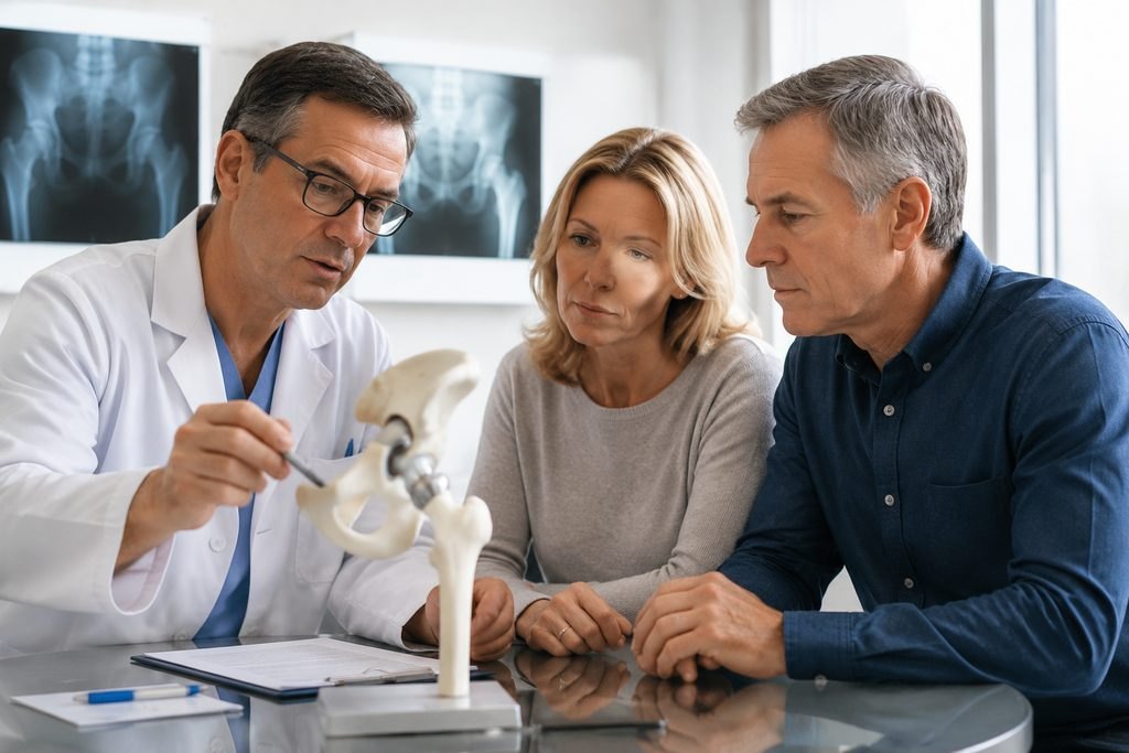 Illustrative image: A doctor discusses a pelvic model with a couple during a consultation.