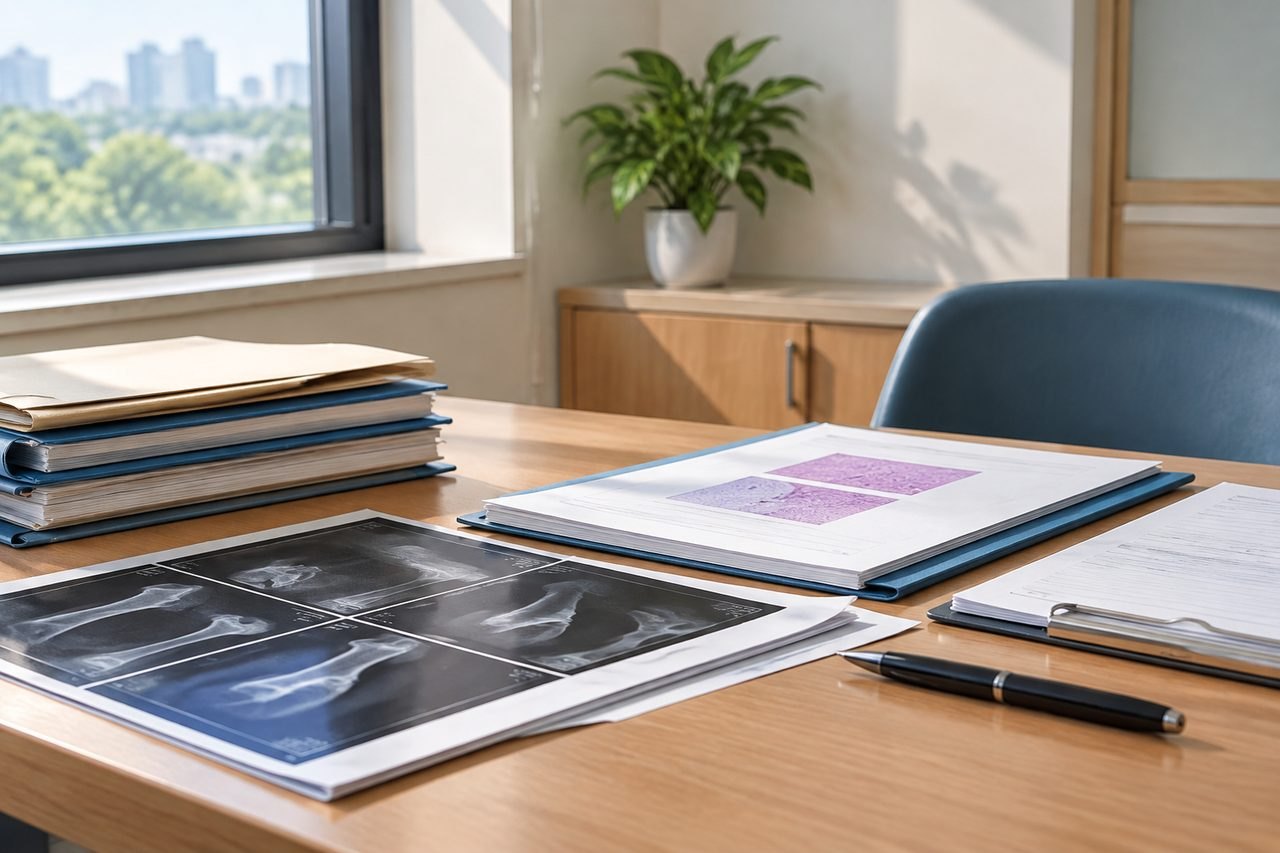 AI illustration: A medical workspace featuring x-ray images, documents, and a pen on a wooden table.