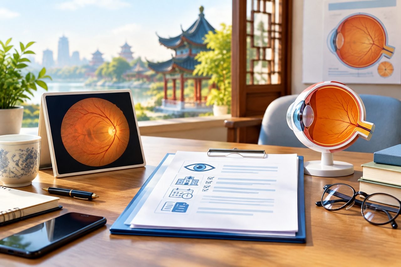 Illustrative image: A well-organized desk featuring an anatomical eye model, a digital display of an eye scan, and various documents related to eye health.