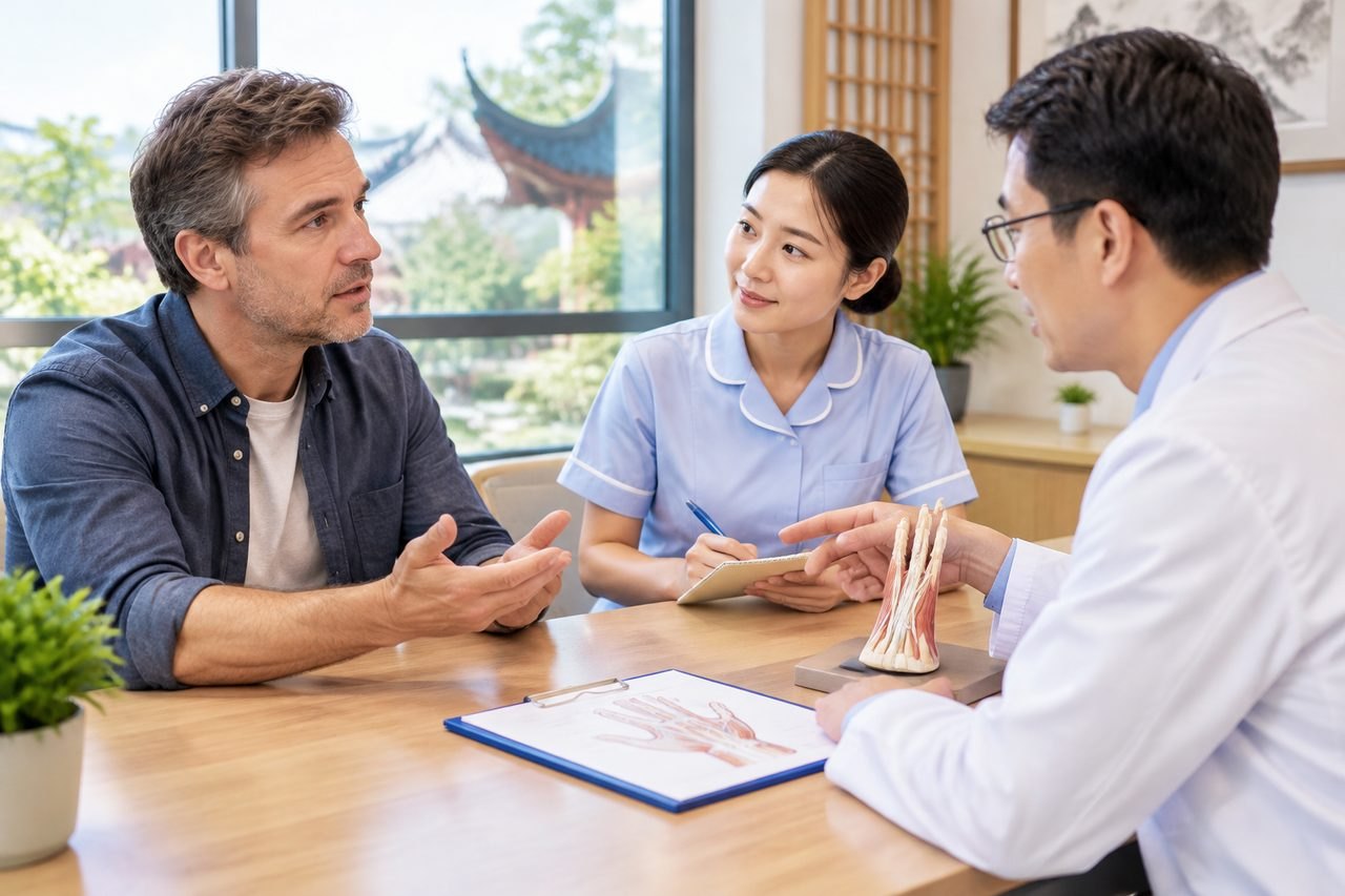 Illustrative image: A patient discusses treatment options with a doctor and a nurse in a consultation room.