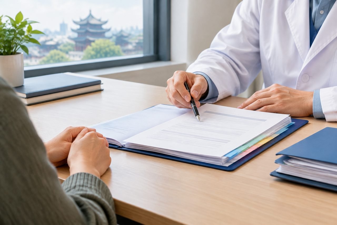 AI illustration: A doctor discusses documents with a patient during a consultation in a well-lit office.