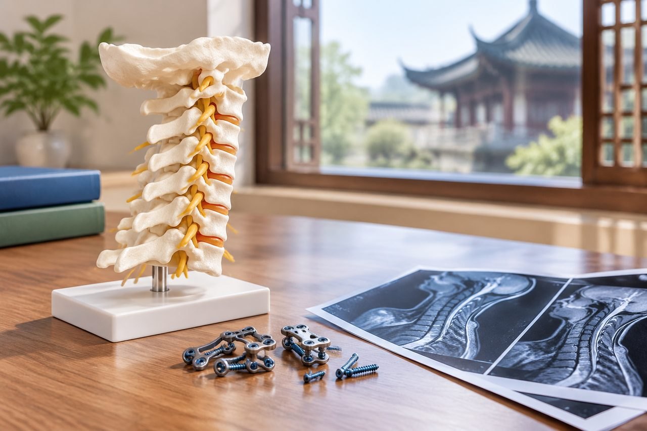 Illustrative image: A spinal model and surgical screws are displayed on a table with medical imaging in the background.