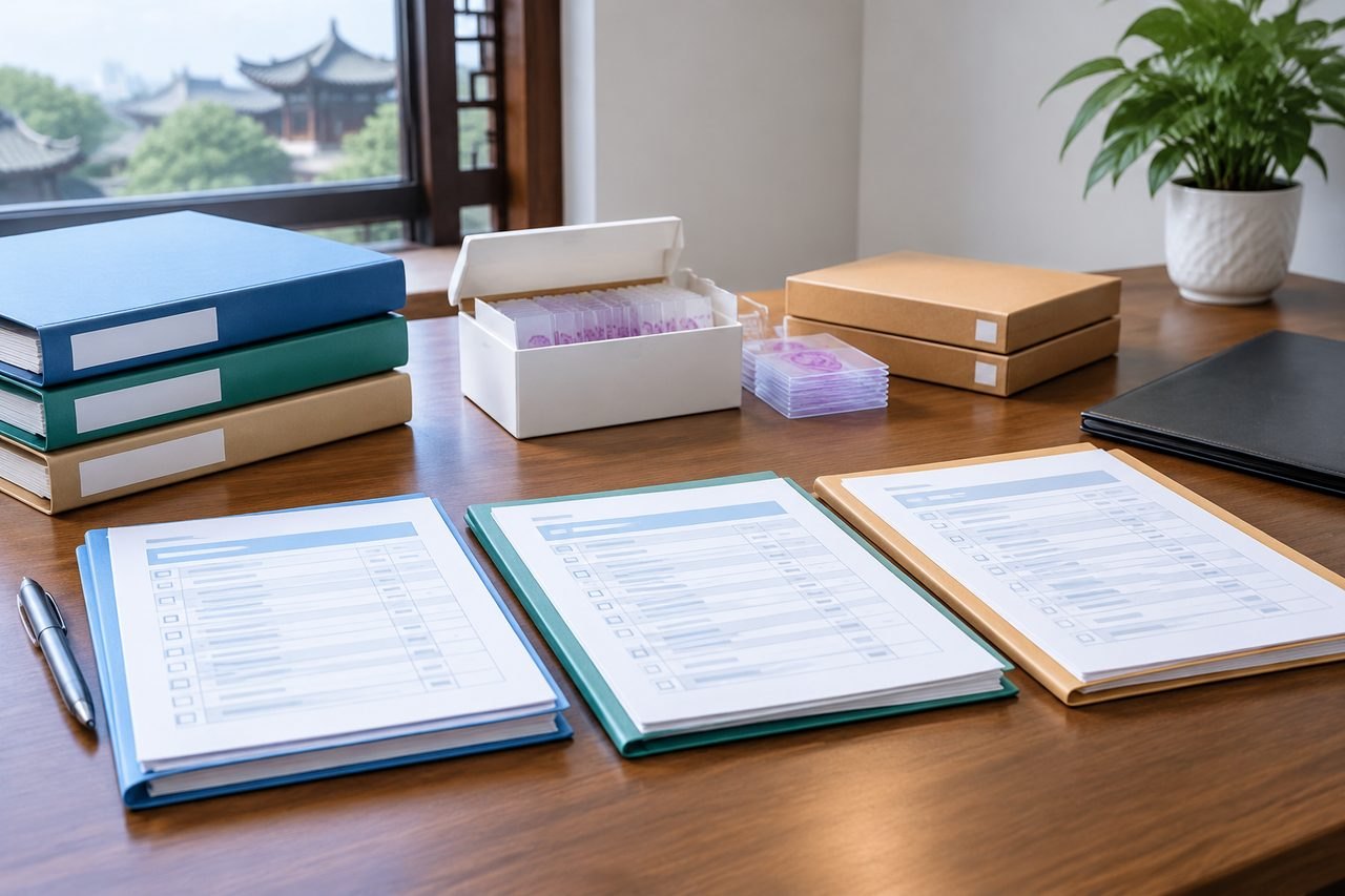 AI illustration: An organized workspace featuring folders, documents, and a plant on a wooden desk.