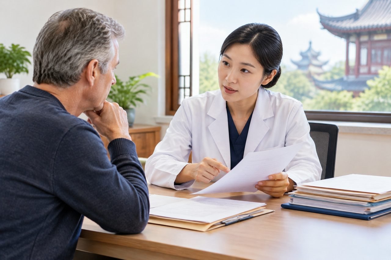 AI illustration: A doctor discusses medical information with a patient in a consultation room.