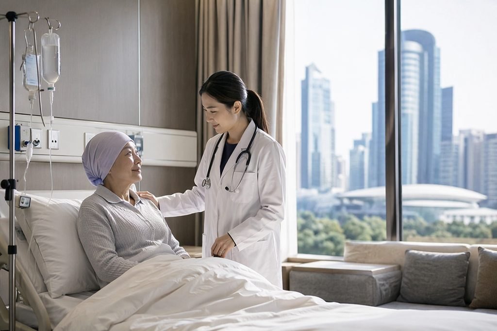 Illustrative image: A doctor engages in a bedside discussion with a patient in a hospital room with a city skyline view.