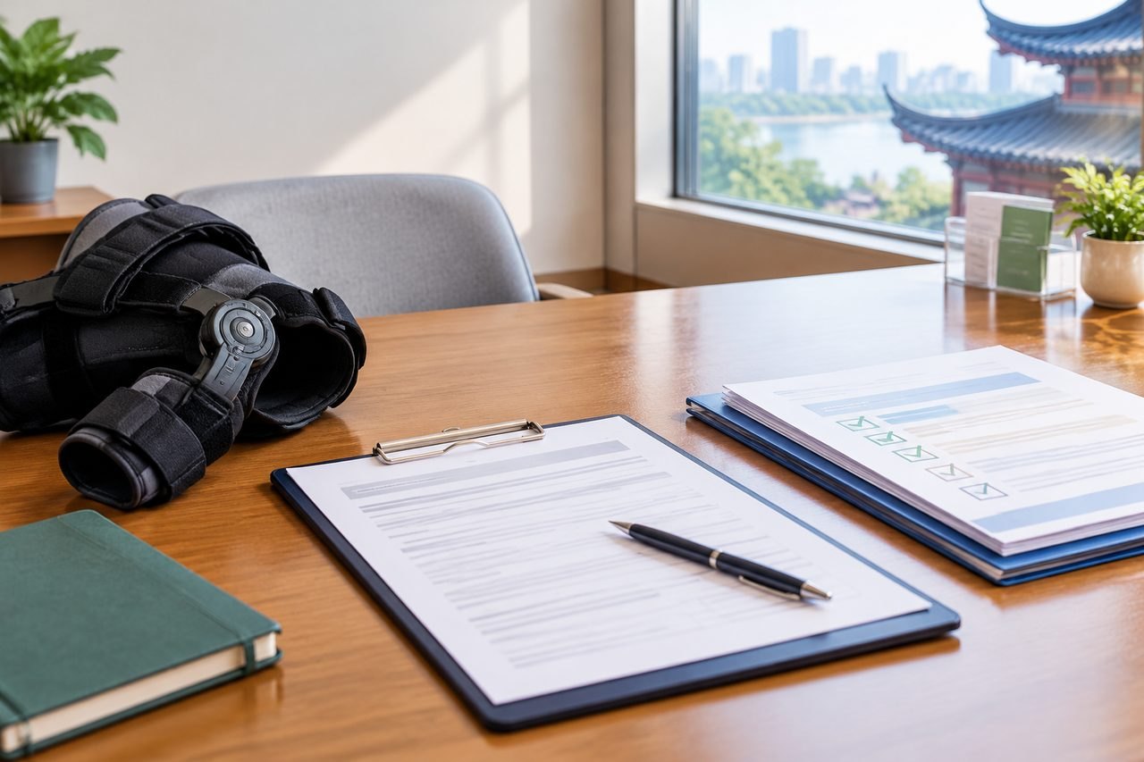 AI illustration: A medical brace and paperwork are displayed on a desk in a well-lit office setting.