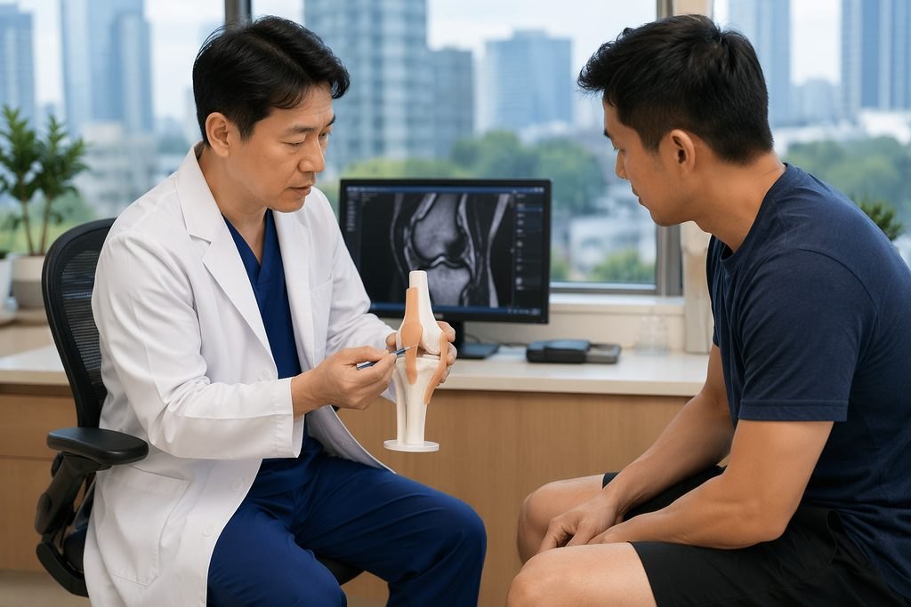 Illustrative image: A doctor discusses knee anatomy with a patient using a model during a consultation.
