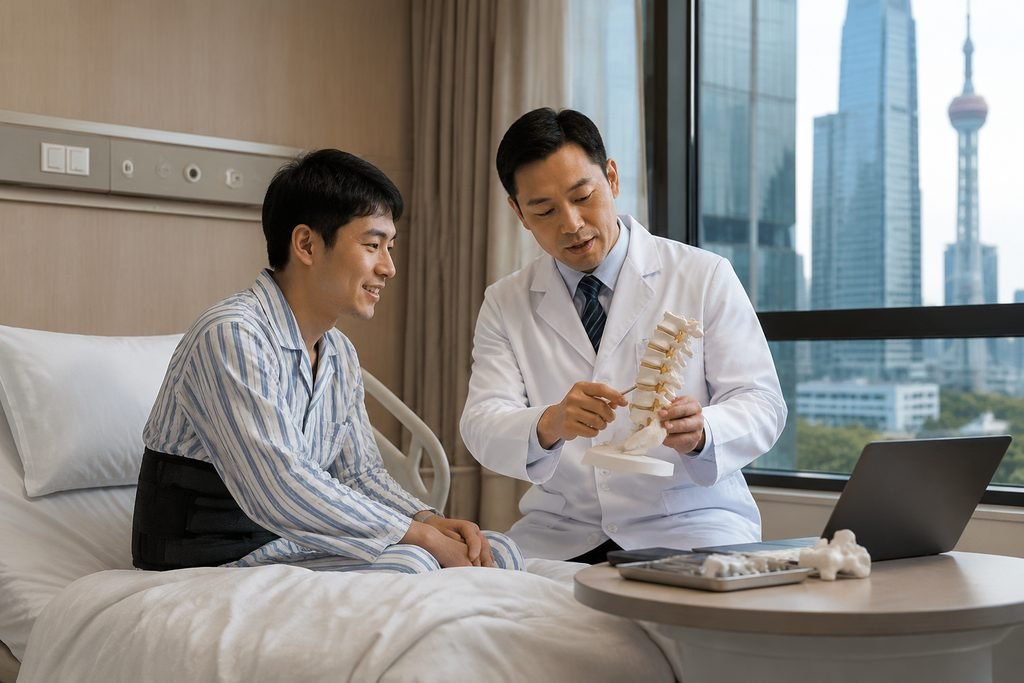Illustrative image: A doctor discusses spinal health with a patient in a hospital room, using a spinal model for illustration.