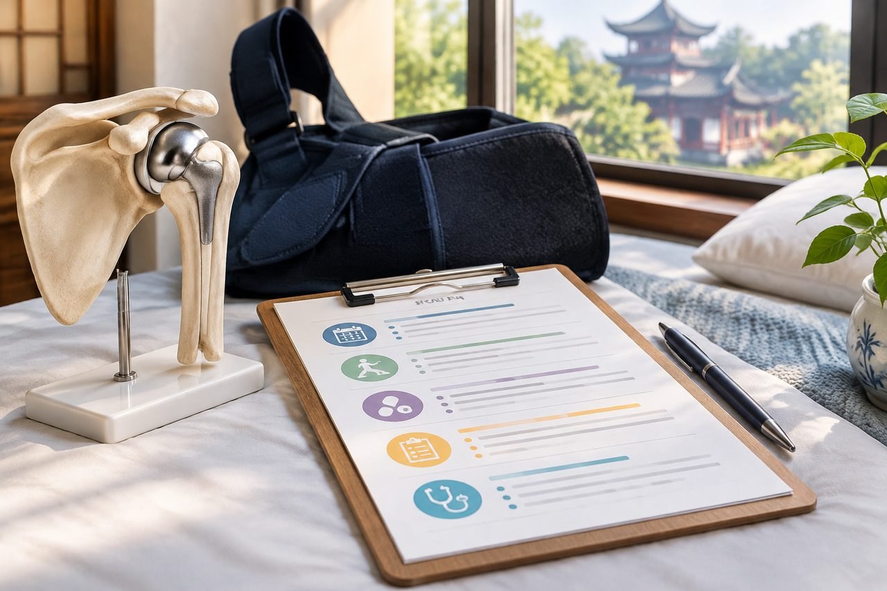 Illustrative image: A shoulder anatomical model, a clipboard with health-related notes, and a medical sling are displayed on a bed near a window.