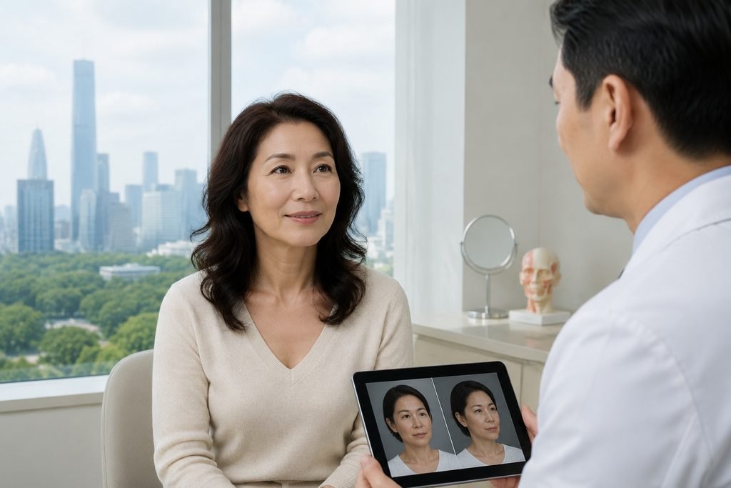 Editorial illustration: Facelift Surgery in China: Questions About Risks and Alternatives