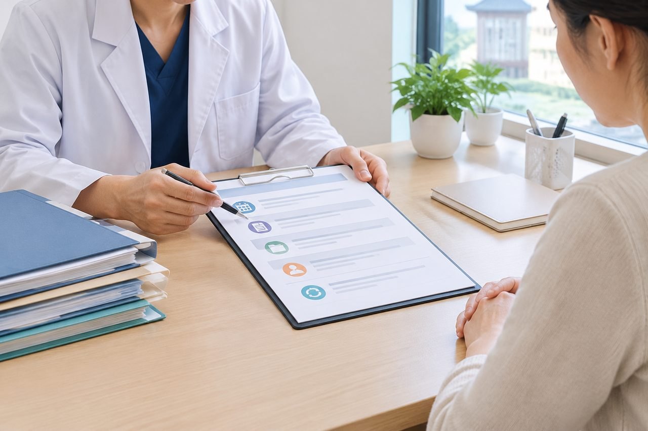 AI illustration: A doctor discusses information with a patient during a consultation in a well-lit office setting.