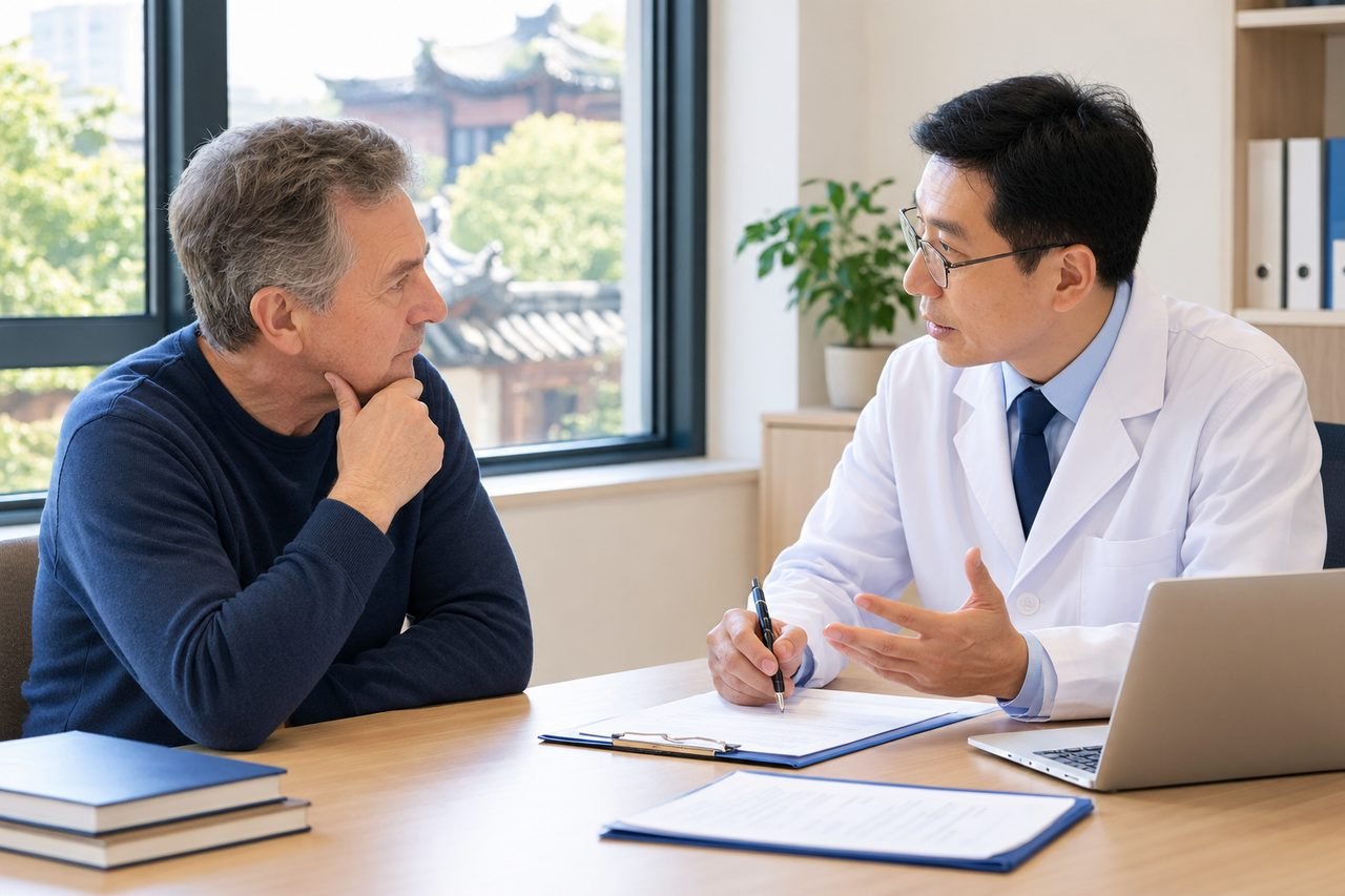 AI illustration: A doctor discusses with a patient in a consultation room, with documents and a laptop on the table.