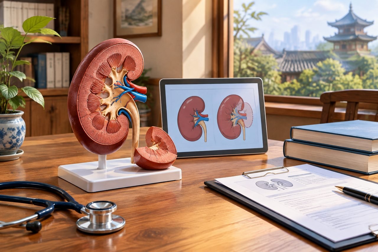Illustrative image: A detailed anatomical model of a kidney is displayed alongside educational materials in a well-lit room.
