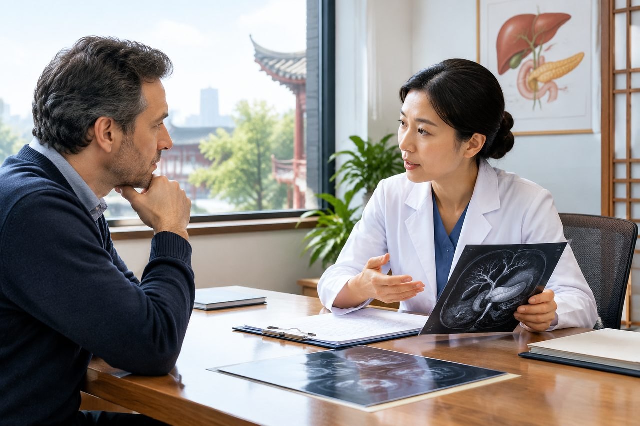 Illustrative image: A doctor discusses medical imaging with a patient in a consultation room.