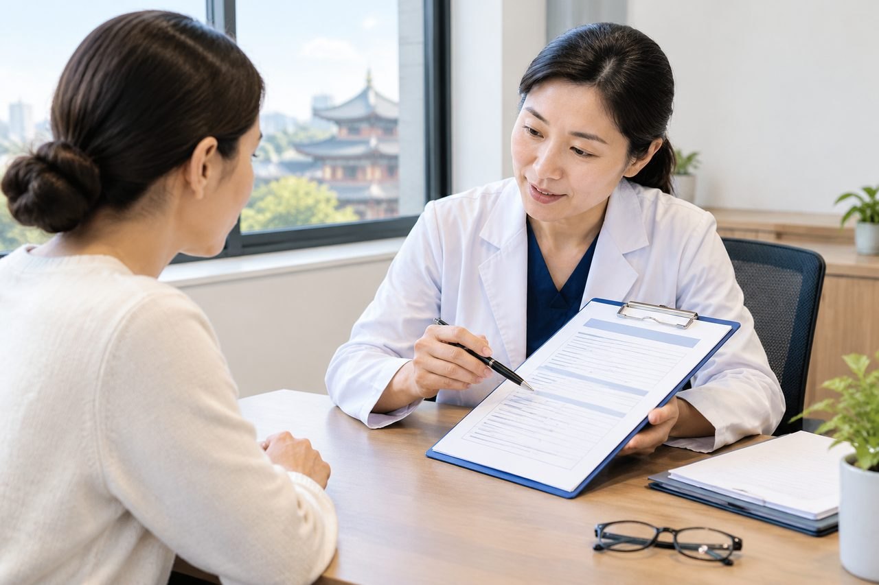 AI illustration: A doctor discusses a medical form with a patient in a consultation room.