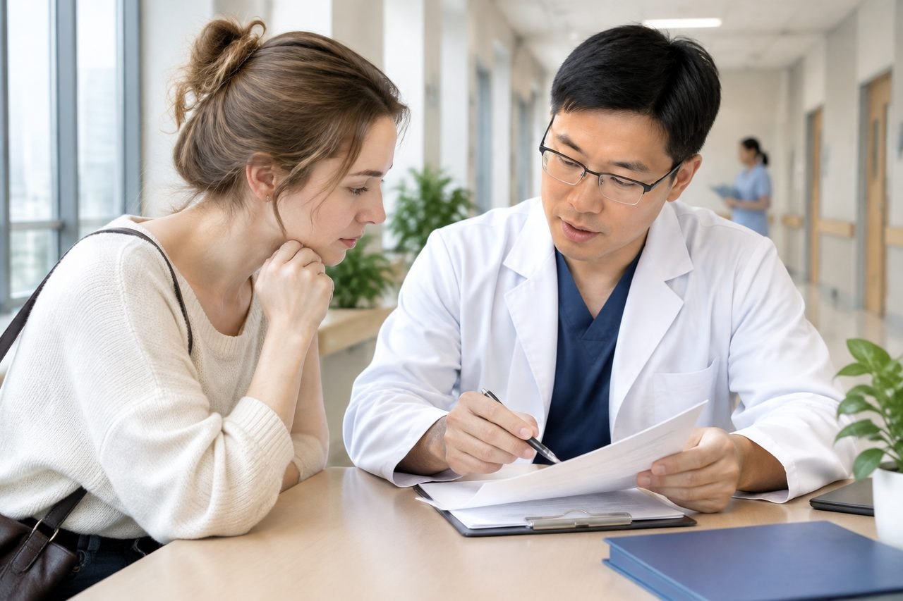 AI illustration: A doctor discusses medical information with a patient in a hospital corridor.