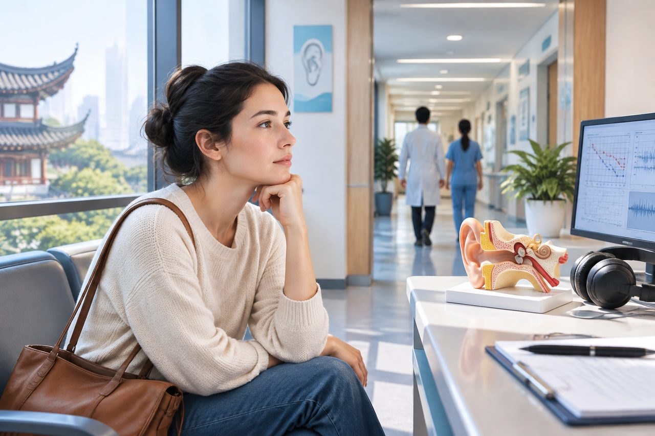 Illustrative image: A woman waits in a hospital corridor, observing a medical model and a computer screen.