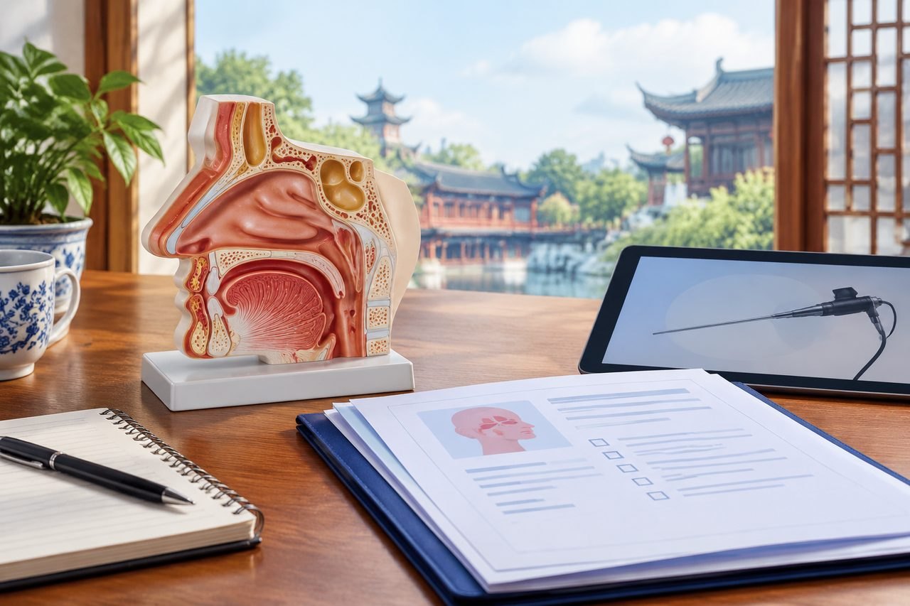 Illustrative image: A medical model of the human head anatomy is displayed alongside a tablet and documents in a well-lit room.