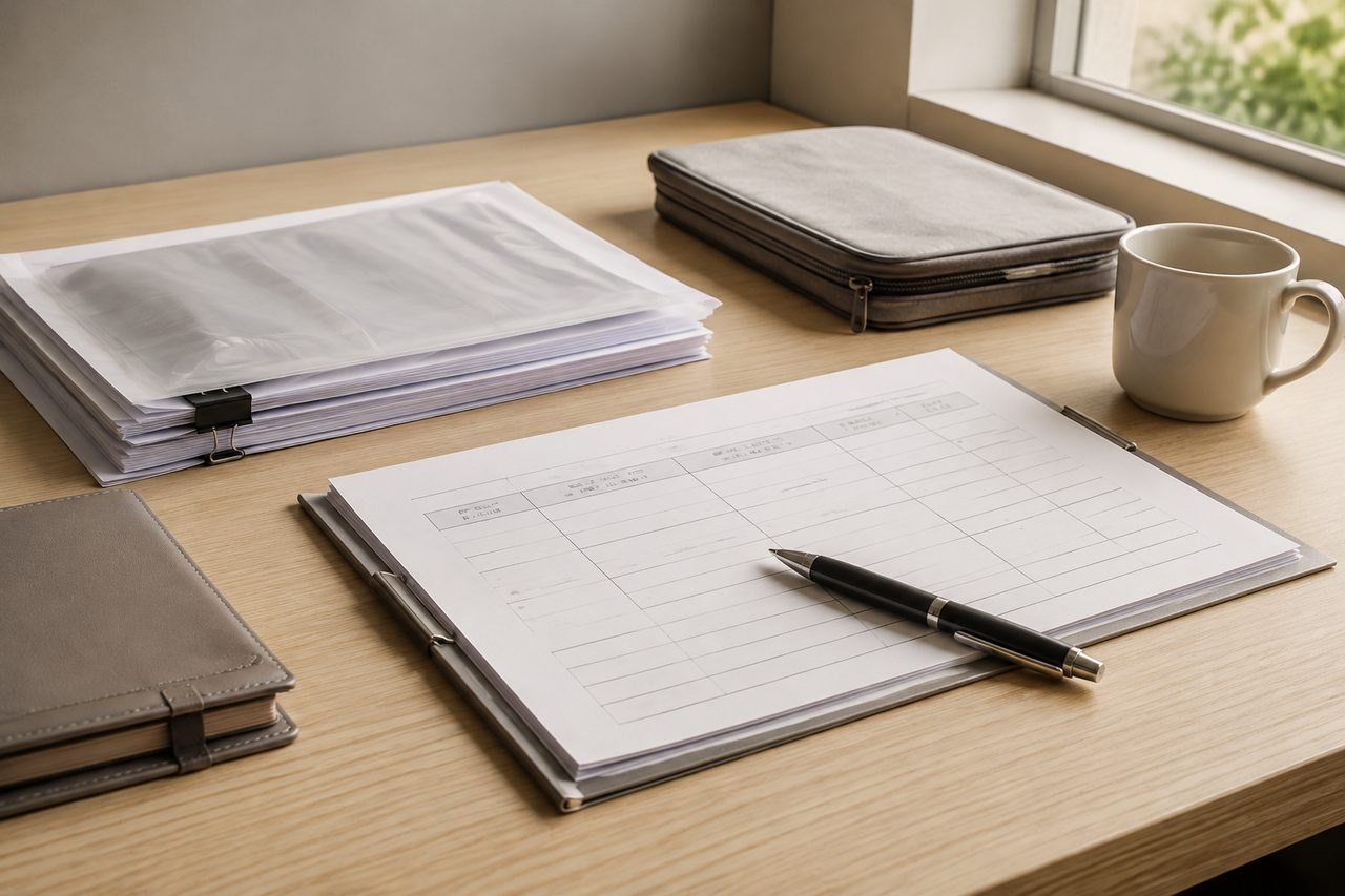 AI illustration: A workspace featuring documents, a pen, a notebook, and a cup of coffee on a wooden table.