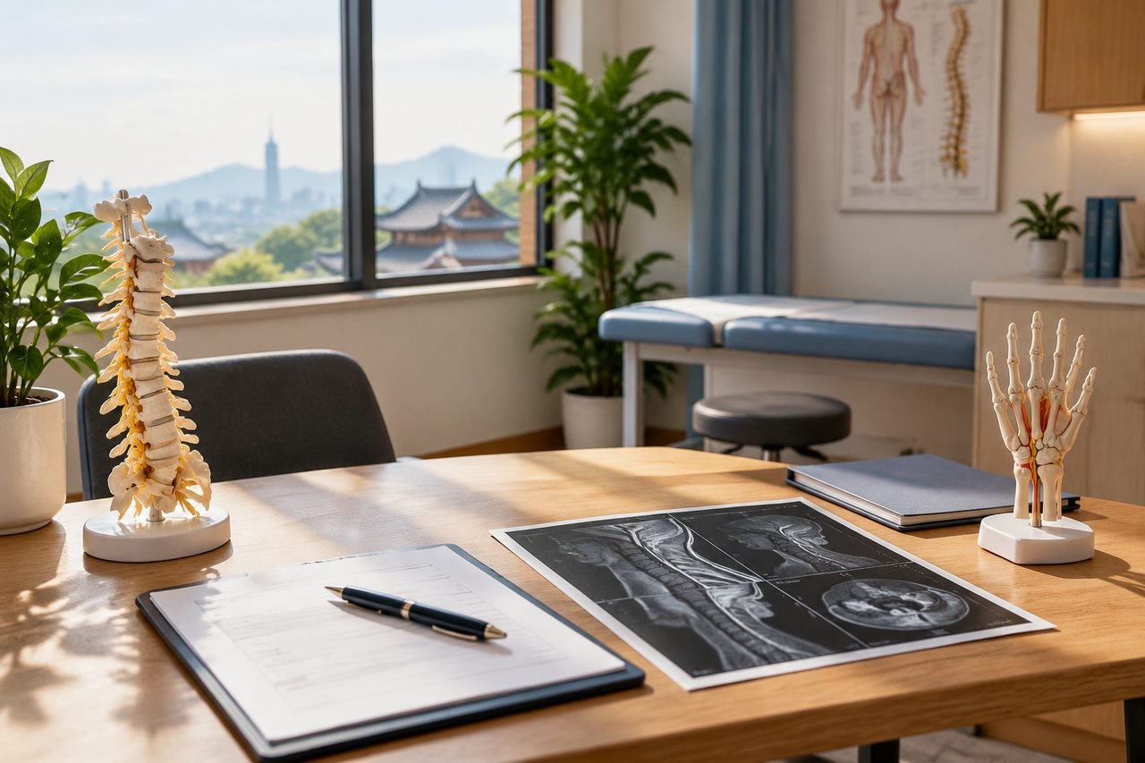 Illustrative image: A medical consultation room featuring anatomical models and medical documents on a table.