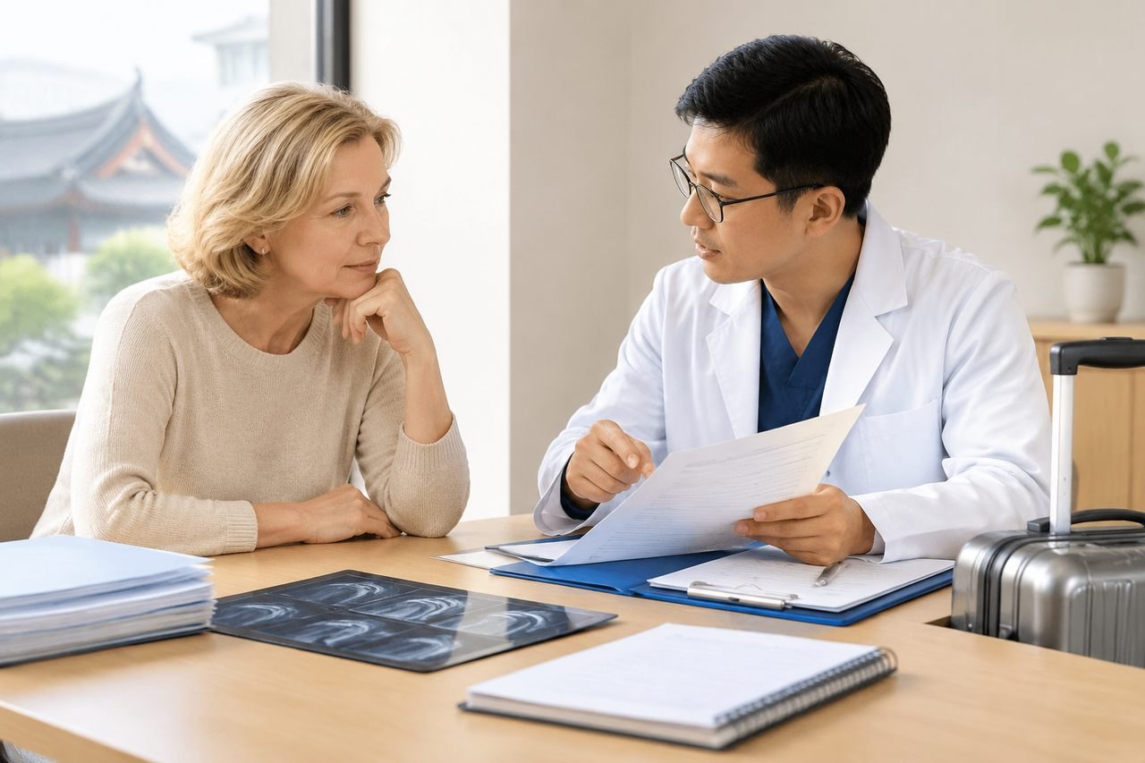 AI illustration: A doctor discusses medical information with a patient in a consultation room.
