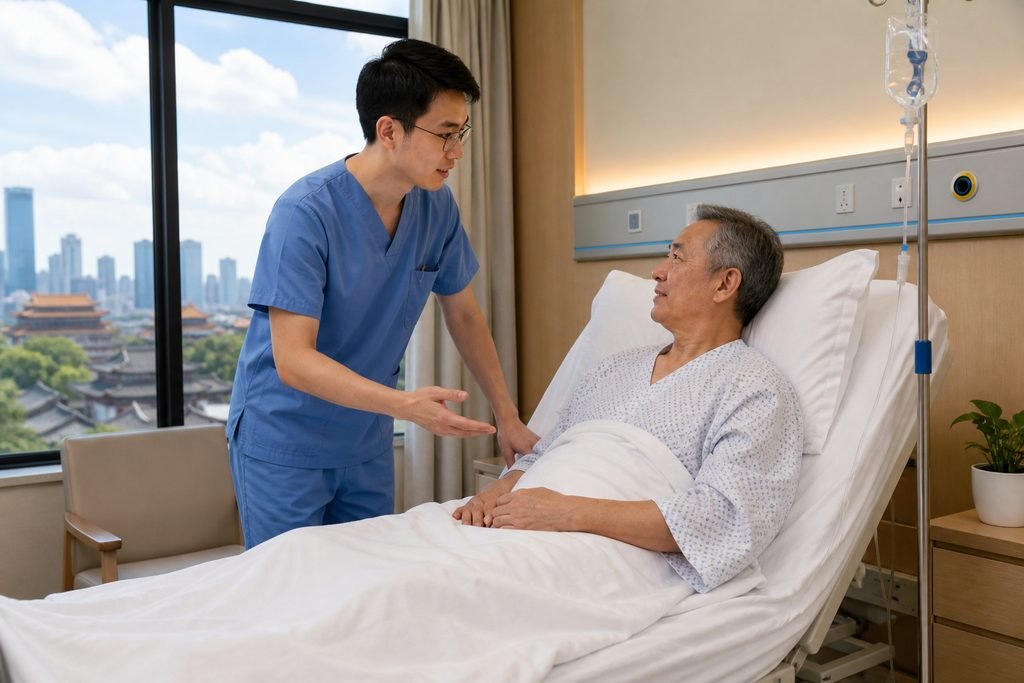 Illustrative image: A doctor discusses with a patient in a hospital room with a city skyline view.