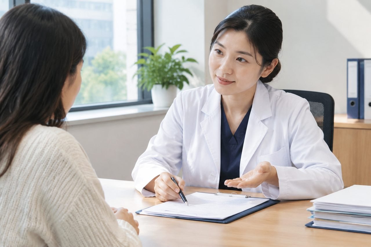 AI illustration: A doctor discusses with a patient in a consultation room.