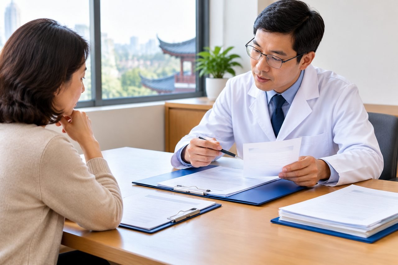 Illustrative image: A doctor discusses medical information with a patient in a consultation room.