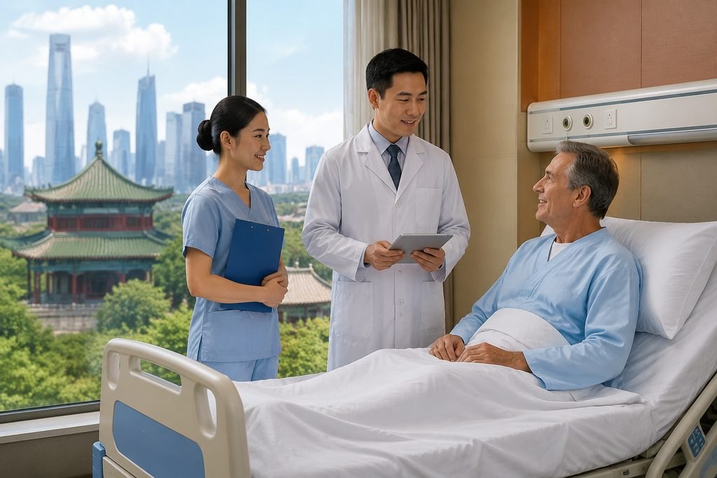 Illustrative image: A doctor and nurse discuss a patient's care in a hospital room with a city skyline view.