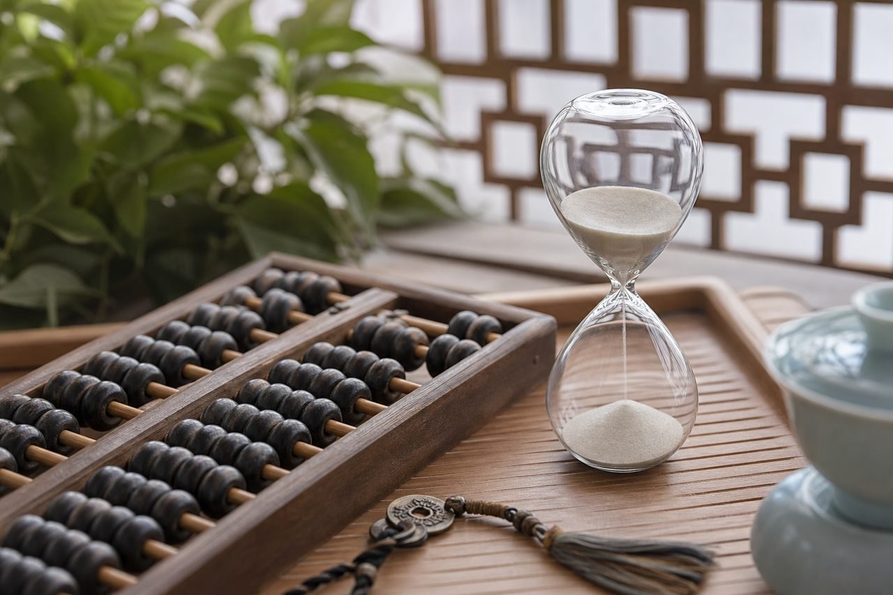 AI illustration: An hourglass and an abacus are displayed on a wooden tray with a plant in the background.