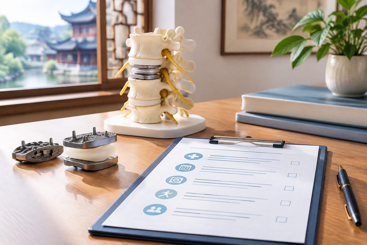 Illustrative image: A medical consultation setup featuring a spinal model, a clipboard with a checklist, and anatomical models on a desk.