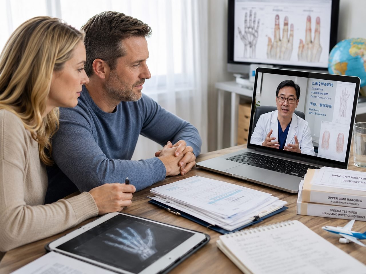 Illustrative image: A couple engages in an online consultation with a doctor discussing hand and wrist evaluation.