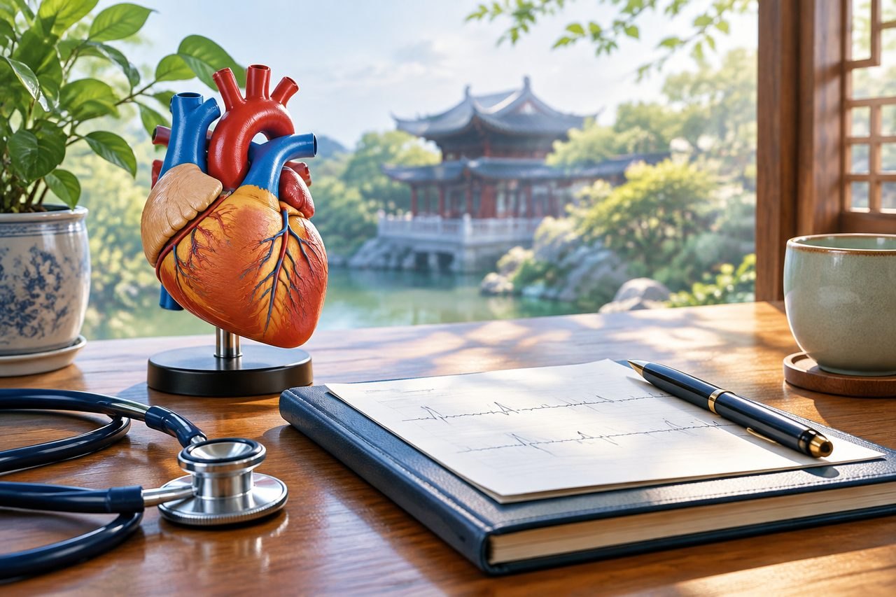Illustrative image: A heart anatomical model is displayed on a desk with a stethoscope, notebook, and a cup of tea, overlooking a serene landscape.