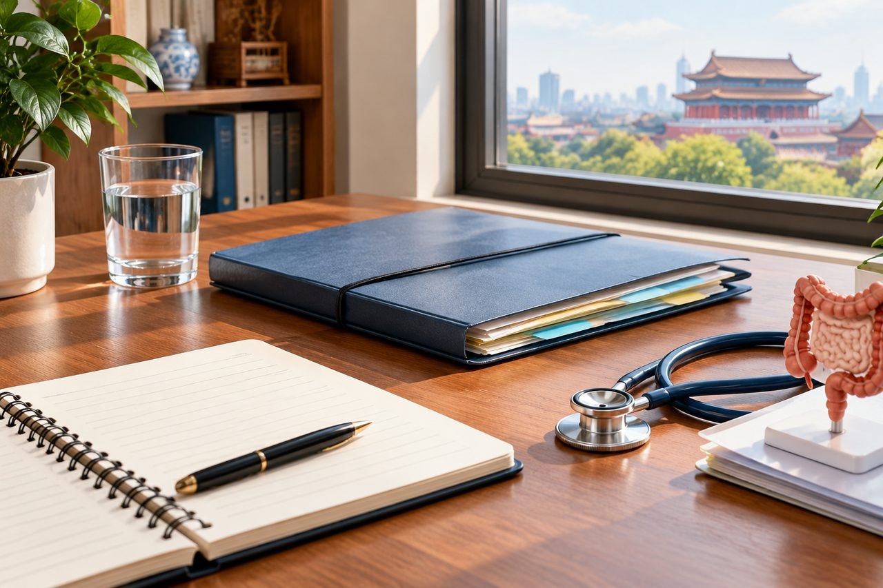 AI illustration: A medical desk setup featuring a stethoscope, anatomical model, and office supplies with a city view.
